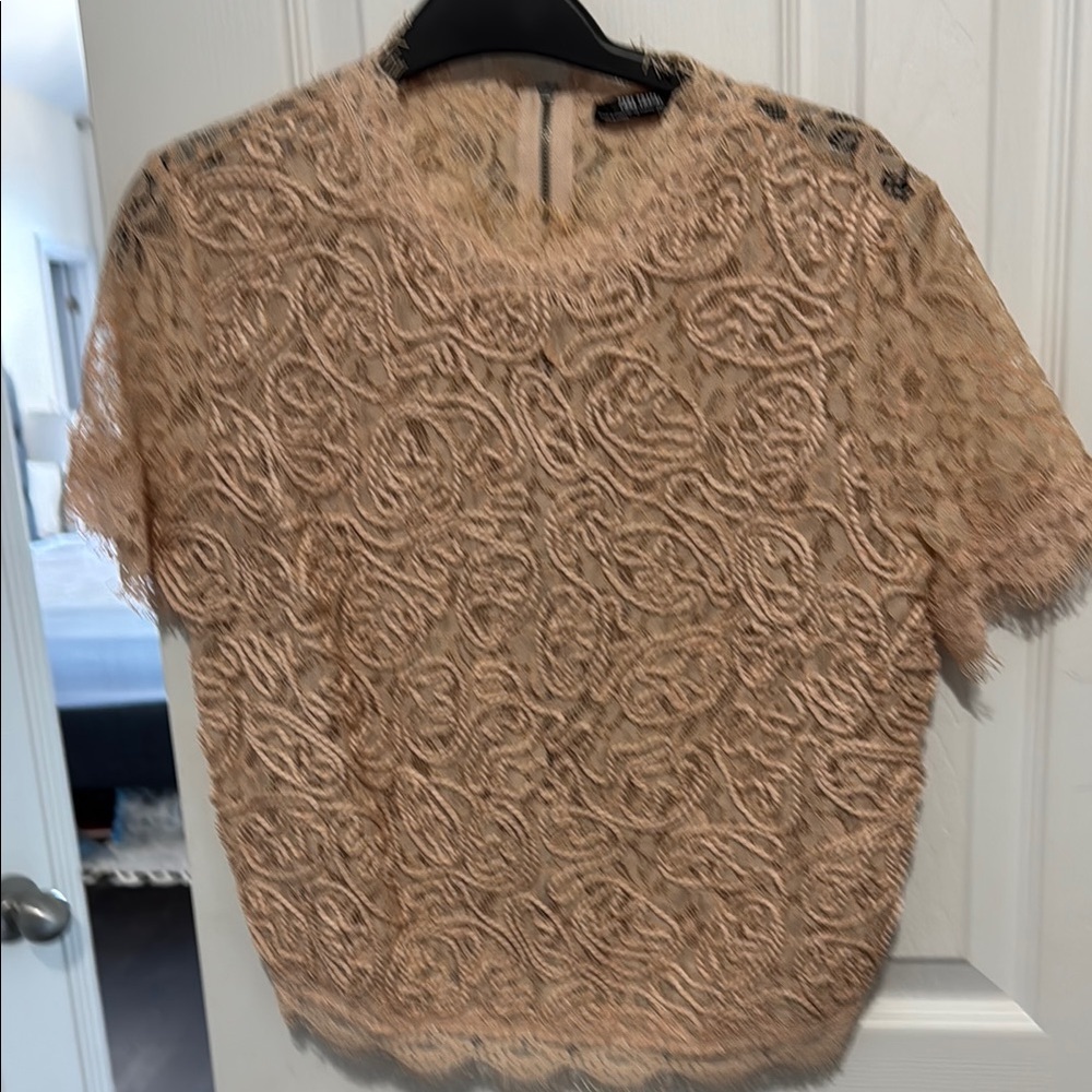 Zara Tan Ruched Ruffled Blouse